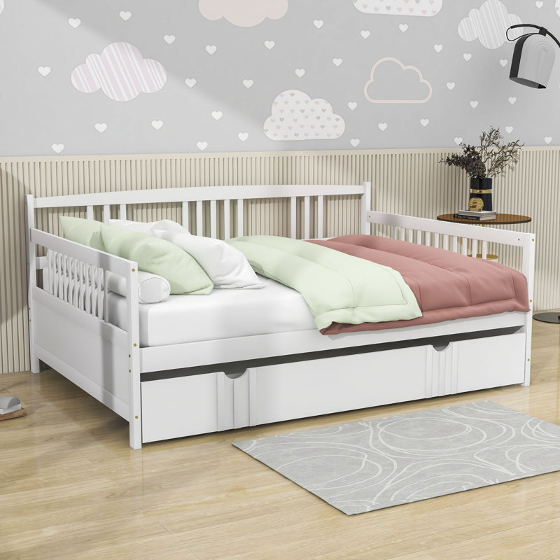 Jaye Wooden Daybed with Twin Size Trundle, White, Full
