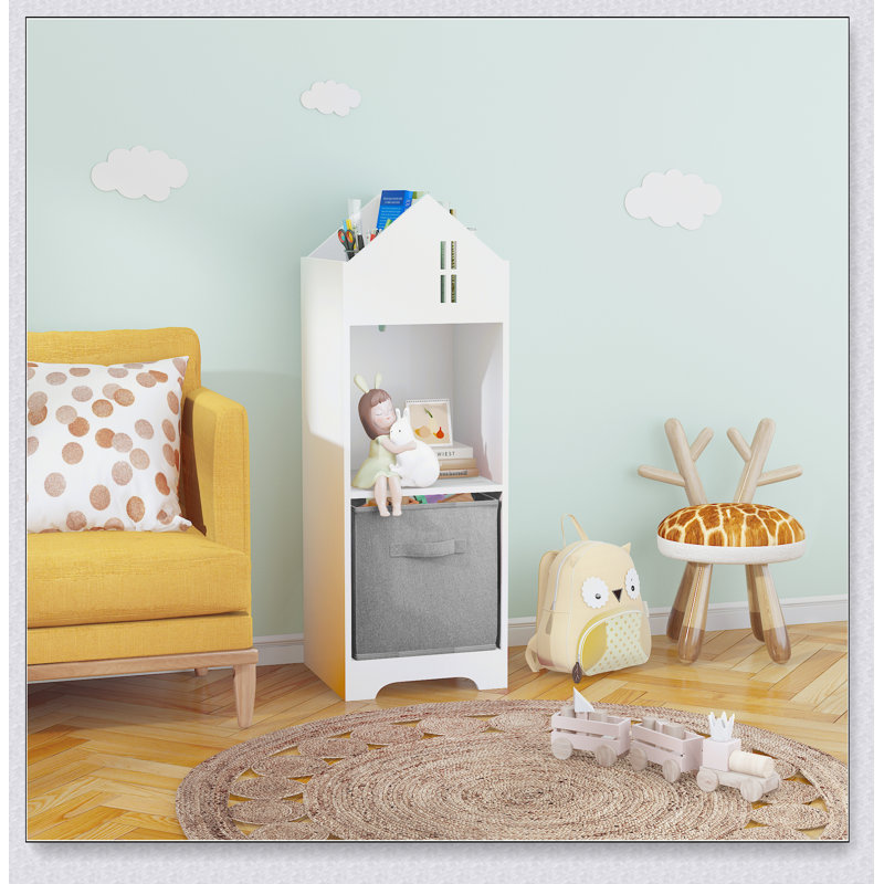 Kids Dollhouse Bookcase with Storage, 2-Tier Storage Display Organizer, Toddler Bookshelf with Collapsible Fabric Drawers for Bedroom or Playroom