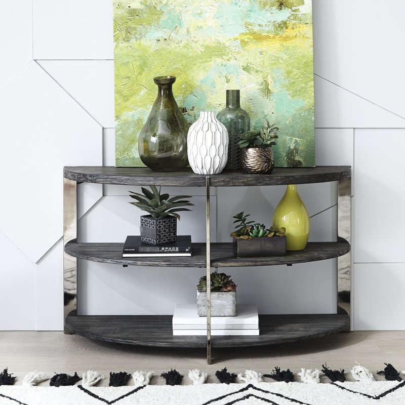 Console ovale, fini anthracite, 2 étagères, structure robuste en bois et métal, design demi-lune, gris. Parfait pour le salon, la chambre ou l'entrée.