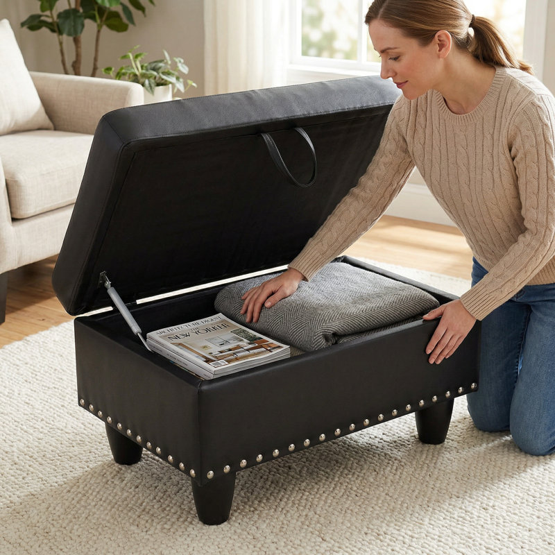 Black Storage Footstool With Copper Plated Nails Decorated With Wear-resistant Fabric And Solid Wood Frame