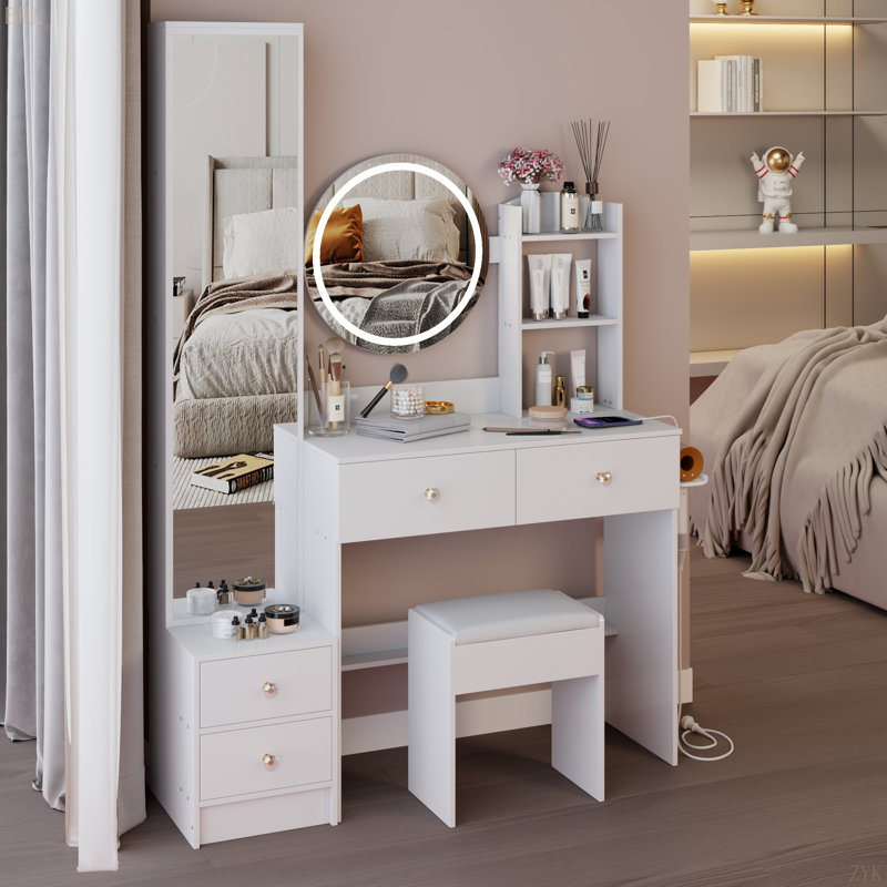 Full Body Mirror Cabinet + Round Mirror LED Vanity Table + Cushioned Stool, With 2 AC + 2 USB Power Station,17" Diameter LED Mirror, Touch Control, 3-Color, Brightness Adjustable, Large Desktop