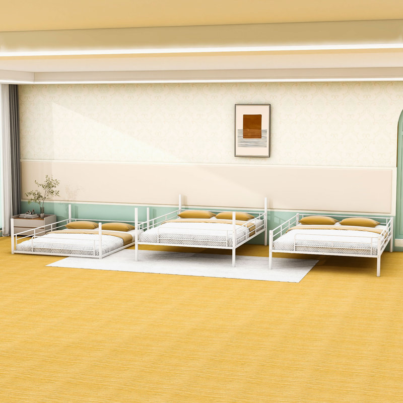 Metal Triple Bunk Bed with Full-Length Guardrails, Quiet Slat Support System, White, Queen Over Queen Over Queen
