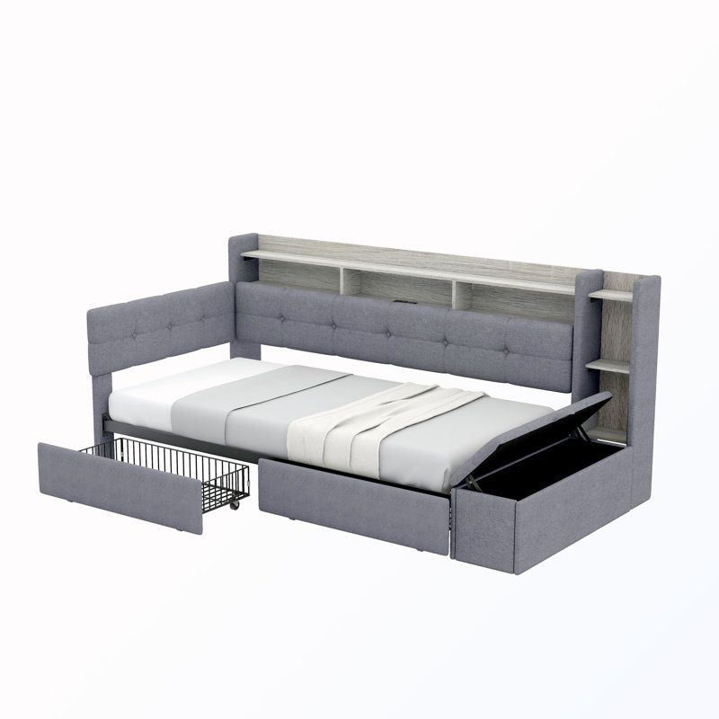 Twin Size LED Light Upholstery Daybed With Storage Footstool And 2 Drawers And USB Charging, Gray, Twin