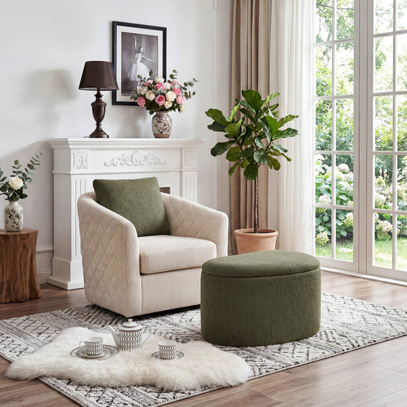 Anton 25.8" W Upholstered Asymmetrical Triangular Pebble Shaped Triangular Storage Ottoman, Green Linen
