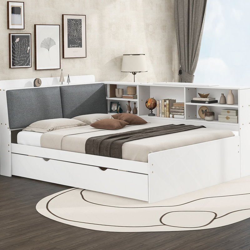 Lit plateforme en bois avec lit gigogne, tablettes et tête de lit, Blanc