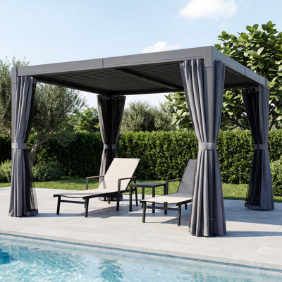 10 Ft. x 10 Ft. Louvered Pergola, Never-Rust All Aluminum Outdoor Pergola With Adjustable 0°-90° Louvered Roof, Modern Patio Gazebo Pergola With Curtains And Mesh Netting For Backyard Garden Poolside,Gray