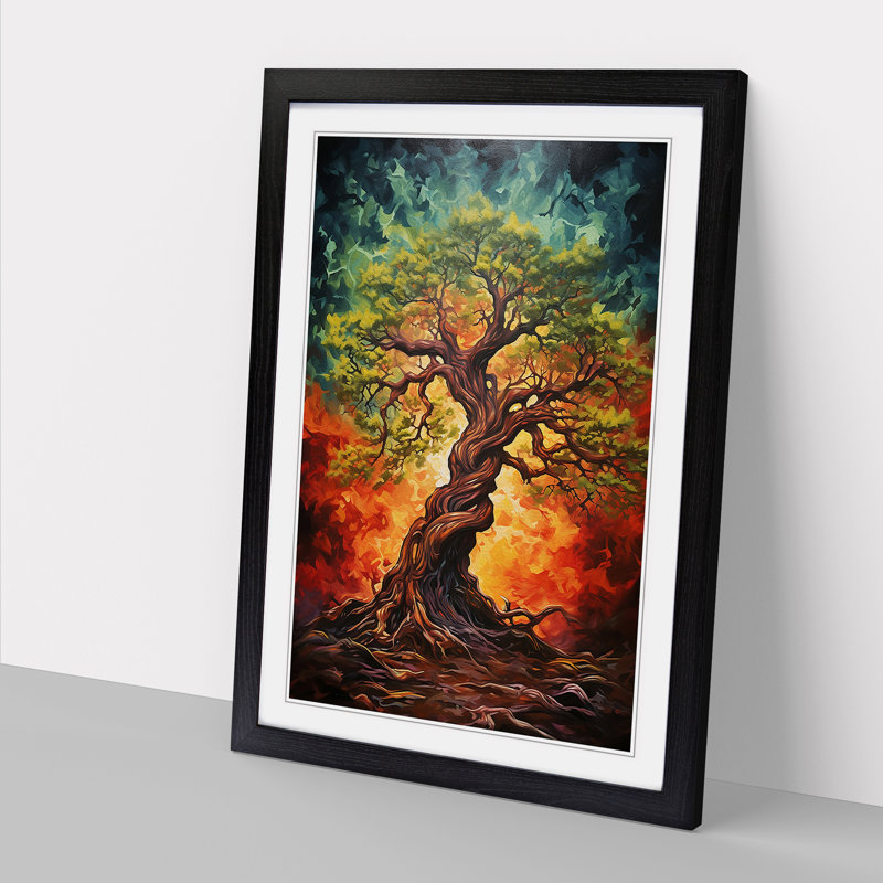 Oak Tree Action Painting - Single Picture Frame Print on Wood, 46cm H x 34cm W x 2cm D, Black Framed