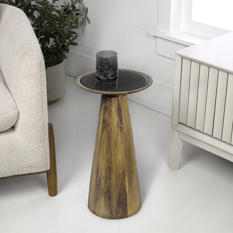 Table à boissons ronde en bois de manguier moderne de 21,5 po avec plateau en verre noir et base en cône de finition naturelle Linden