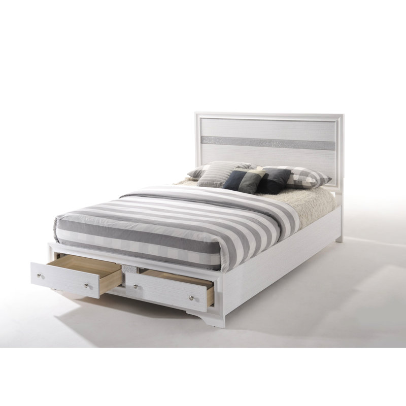 Lit Ek blanc à profil bas avec espace de rangement disponible, 5 lattes et 8 pieds de support, fait de placage de panneau de particules, capacité de charge de 700 lb, panneaux, pas de sommier, installation rapide