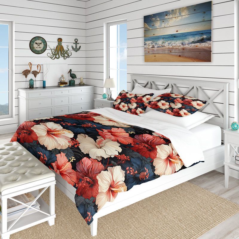 Literie Hibiscus Twilight Ii, Housse de couette pour grand lit et 2 taies décor