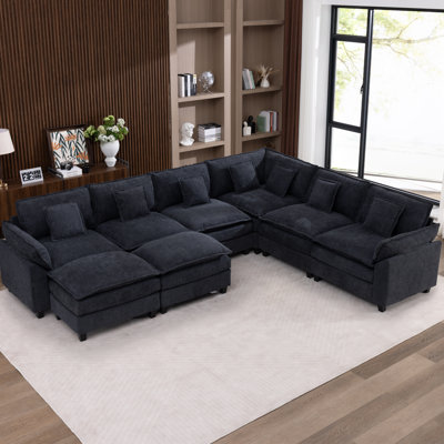Erinn 135.42" Wide Dark Gray Large U-Shaped Modular Cloud Sectional Sofa With Two Detachable Ottomans, Breathable Chenille Fabric Shipment 8 Person Convertible Corner Sofa With Removable Washable Cushions For Apartment & Spacious Living Space