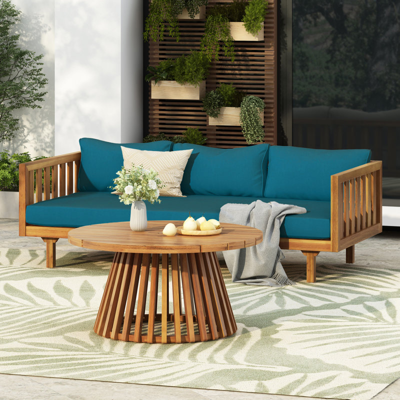 Ensemble de conversation moderne avec coussins Giuliette, Bleu sarcelle foncé, Teak