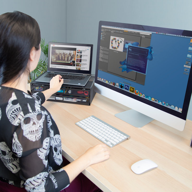 Black Metal Mesh Monitor Stand with Two Drawers