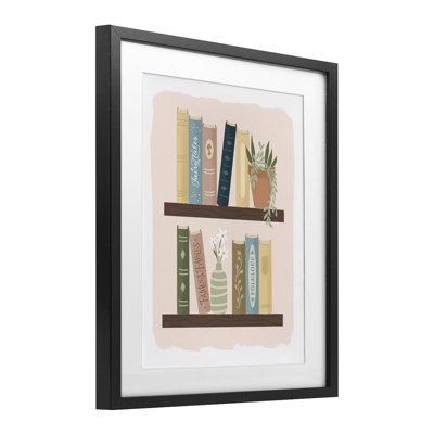 Minimal Bookshelves with Plant Framed Print Under Glass, design by Sandra Picco