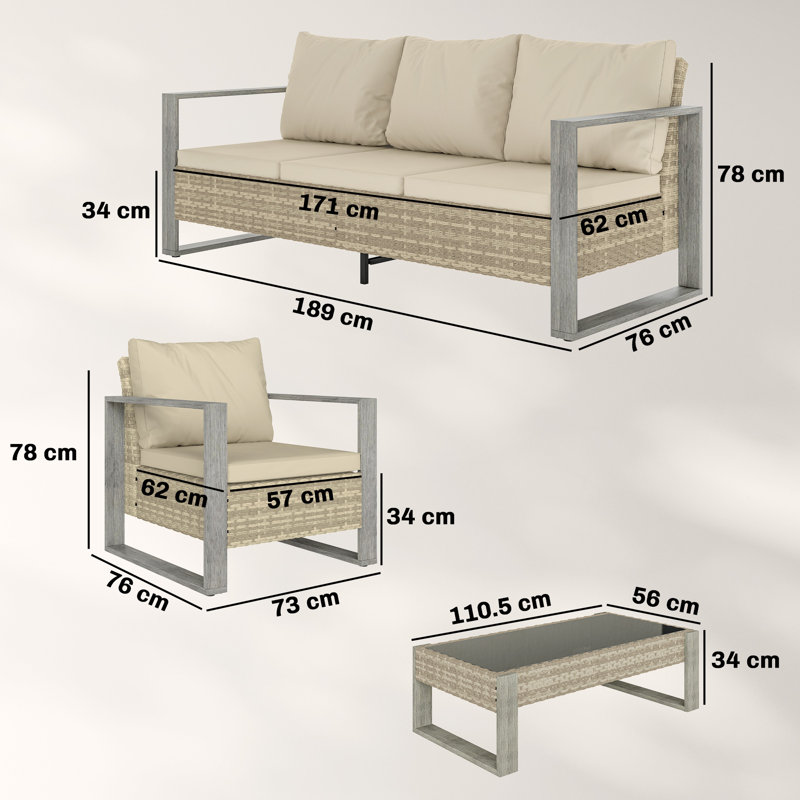 Outsunny 4 Piece Rattan Garden Furniture Set 3-Seater Sofa Armchairs Khaki