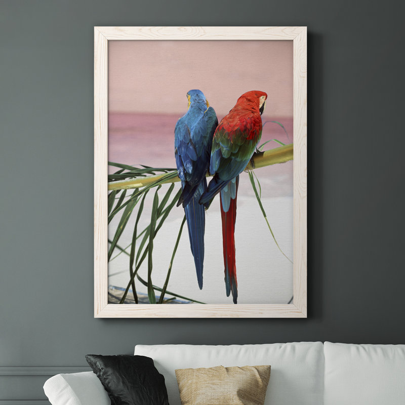 Palm Parrots - Peinture sur toile encadrée, Cadre blanc, H 31,5 po x l 23,5 po x P 1,5 po