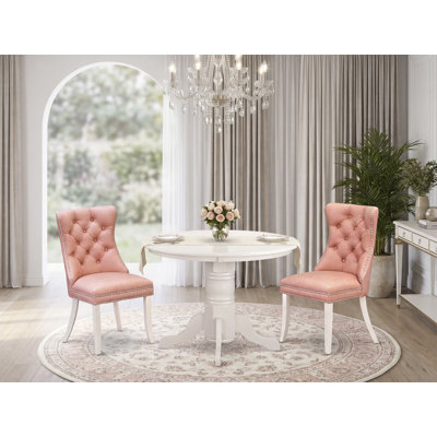 Ensemble de salle à manger 3 pièces composé d'une table ronde avec piédestal et 2 chaises rembourrées, lin blanc