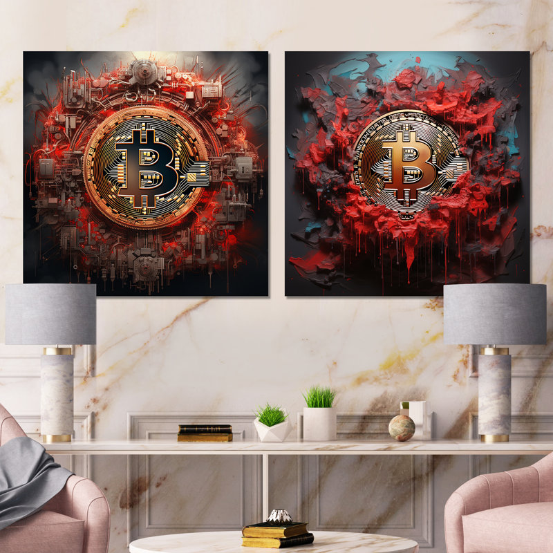 Red Bitcoin Crypto monnaie I - mode décoration murale de 2 pièces, Toile tendue, H 16 po x l 33 po x P 1 po