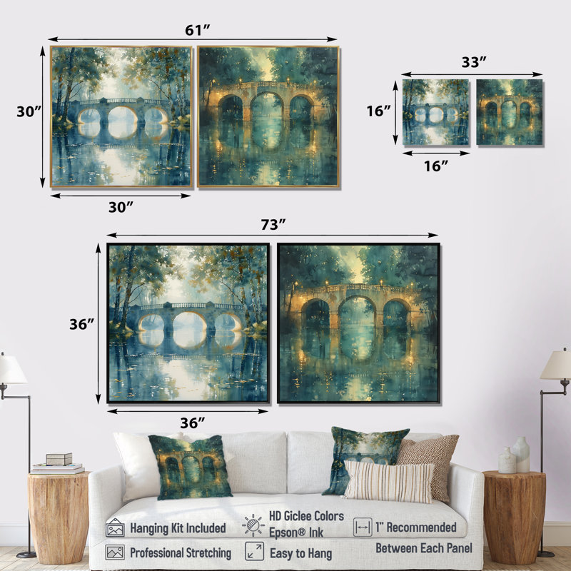 «Beige Green River Reflections Park Bridge I», art mural - art mural traditionnel, 2 pièces, Toile tendue, Ne s’applique pas