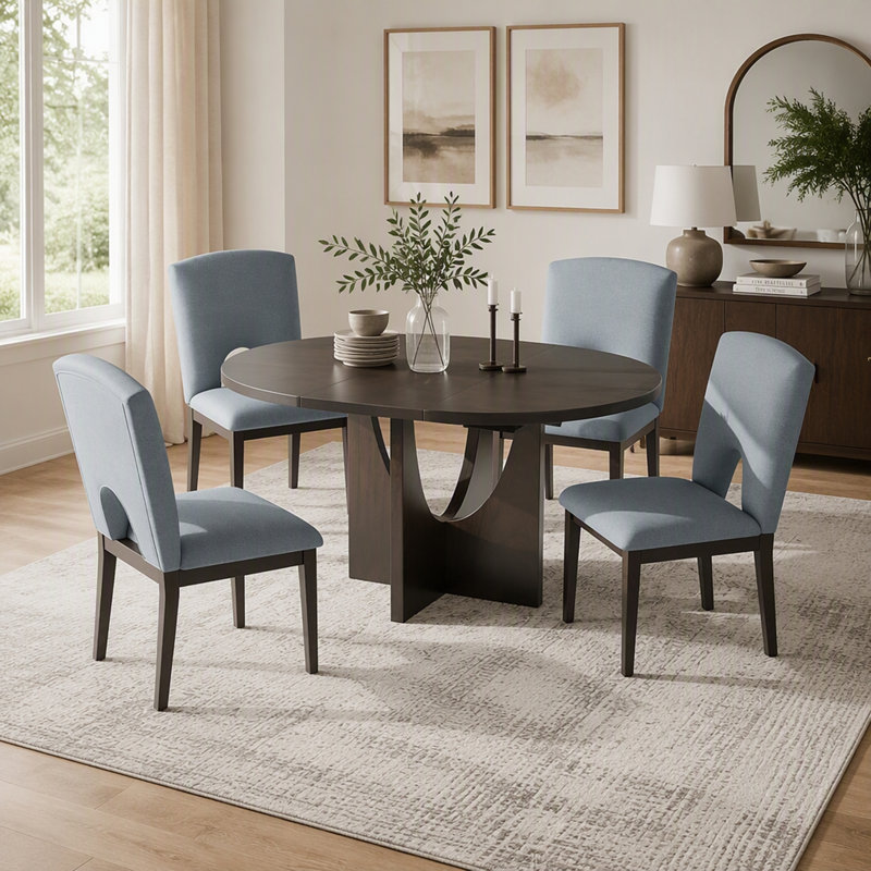Ensemble de salle à manger rond extensible moderne de 5 pièces avec rallonge amovible de 41 cm (16,2 po), idéal pour les petits espaces.