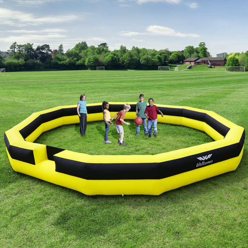 Fosse à balles GaGa 2 couches avec souffleur interne Wellcomer 22FT, terrain portatif léger pour les jeux dans la cour, les écoles et les loisirs en famille - jaune et noir