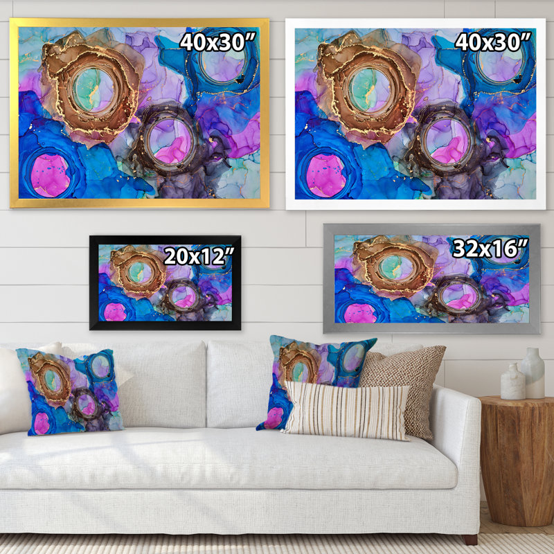 Bleu luxueux abstrait fluide X - peinture sur toile, Cadre doré, H 12 po x l 20 po