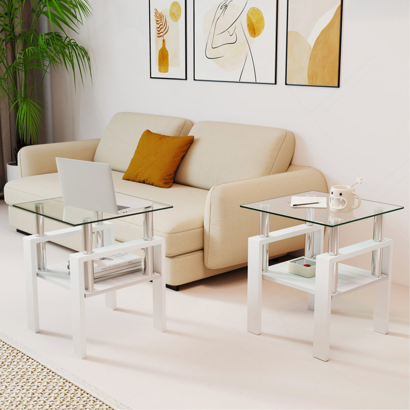 Ensemble de 2 tables à thé modernes en verre trempé, plateau en verre trempé avec panneau de fibres à densité moyenne, table basse, table de bout, table carrée pour le salon, transparent / blanc