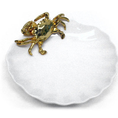 White Ceramic Shell Tray with Gold Pewter Crab