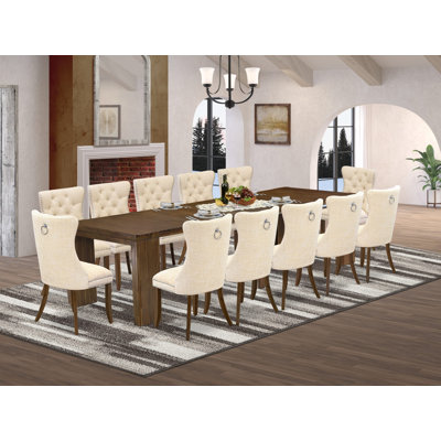 13 Pieces Extendable Dining Set Includes a Rectangle Table and 12 Light Beige Polyester fabric Dining Chairs, Antique Walnut