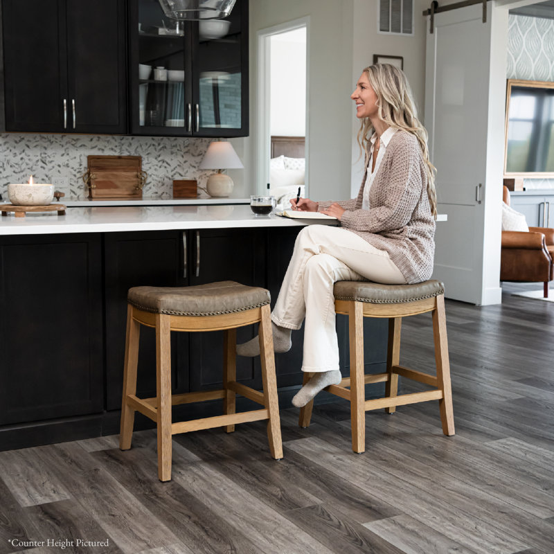 Maven Lane Sophia Wooden Backless Stool with Faux Leather Upholstery, Counter Stool (26" Seat Height), Aged Natural