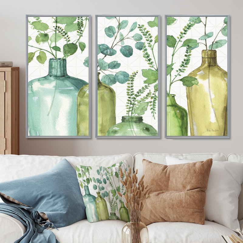 «Mixed Botanical Green Leaves I0», ensemble d'art mural sur toile encadré de campagne, H 40 po x l 60 po, Argent argent