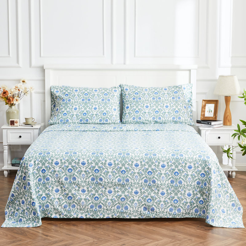 Arts & Crafts Floral Sheet Set, Blue, California King Sheet Set + 2 King Pillowcases