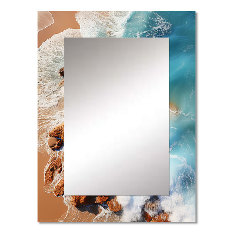 Vue aérienne de Rocky beach II - miroir décoratif de plage, miroir mural bleu, impression d'art en métal, 32 po x 24 po