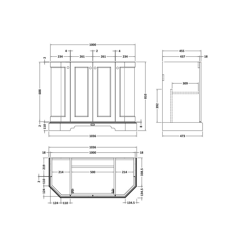 Bayswater 1000mm Hunter Green 4 Door Angled Floor Standing Vanity Unit, Hunter Green