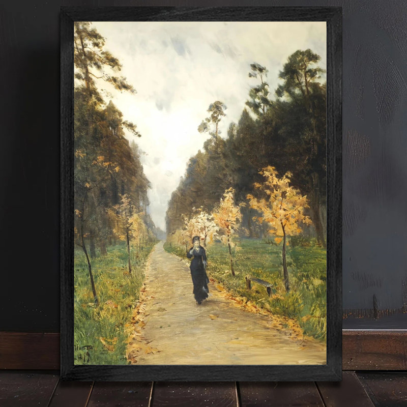 Art mural encadré minimaliste avec cadre en bois massif Femme marchant dans un sentier, H 17 po x l 13 po