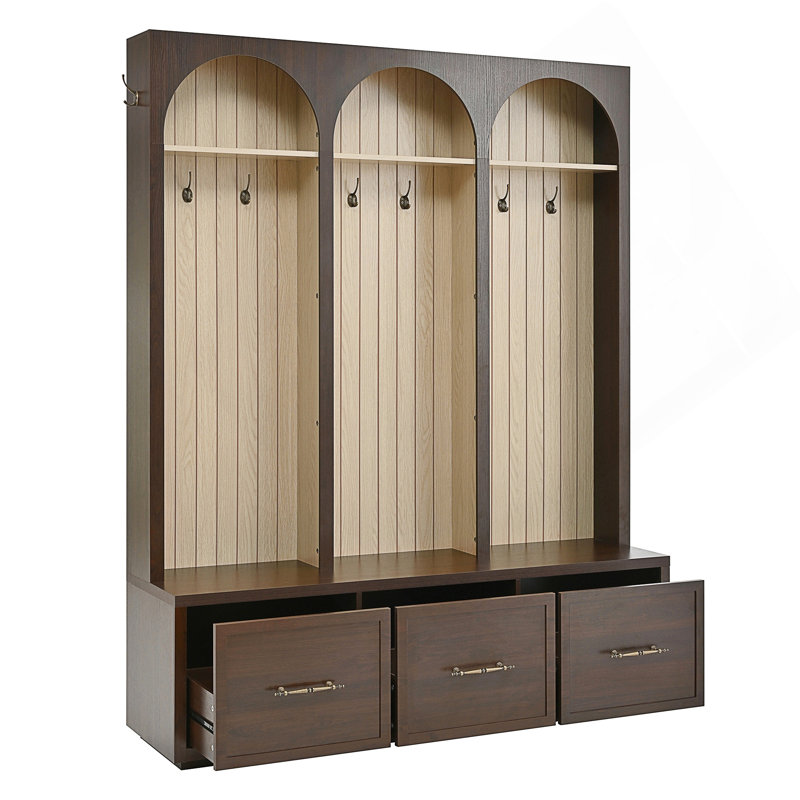Farmhouse Wooden Style Hall Tree with Arched Design, Elegant Entryway Bench, and Rustic Coat Rack & Shoe Organizer