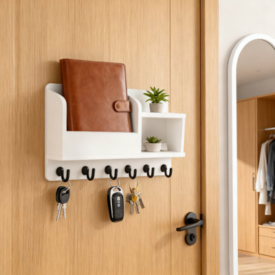 Porte-clés mural et organisateur de courrier avec 6 crochets, fentes pour courrier à 3 niveaux et double tablette pour le rangement du vestibule et l'organisation à la maison