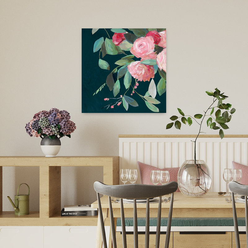 «Blossoms On Deep Green Canvas I», art mural contemporain abstrait, H 18 po x l 18 po