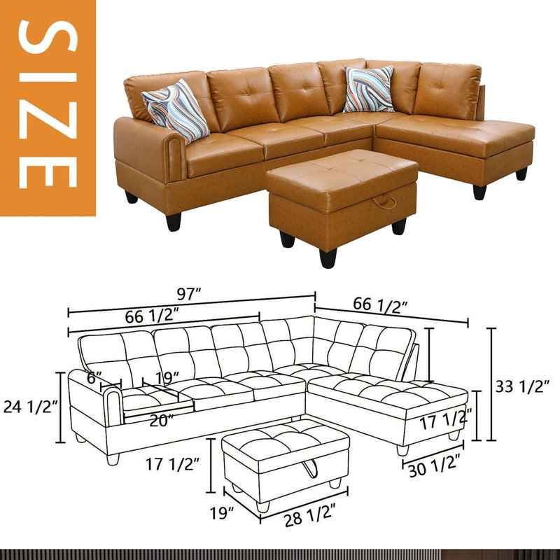 3-Piece Faux Leather Sectional Sofa, Ginger Faux Leather