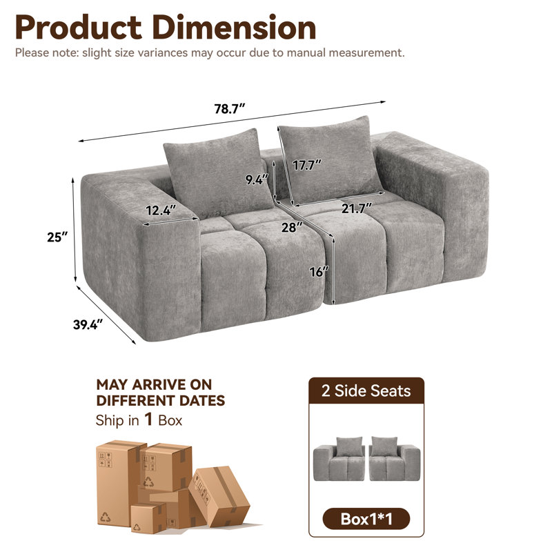 78.7" Loveseat Boneless Couch, Gray