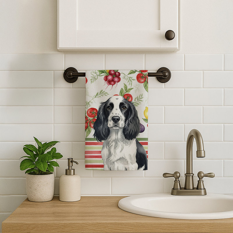 Black and White English Springer Spaniel Vegetables Kitchen Towel, Black/White English Springer Spaniel