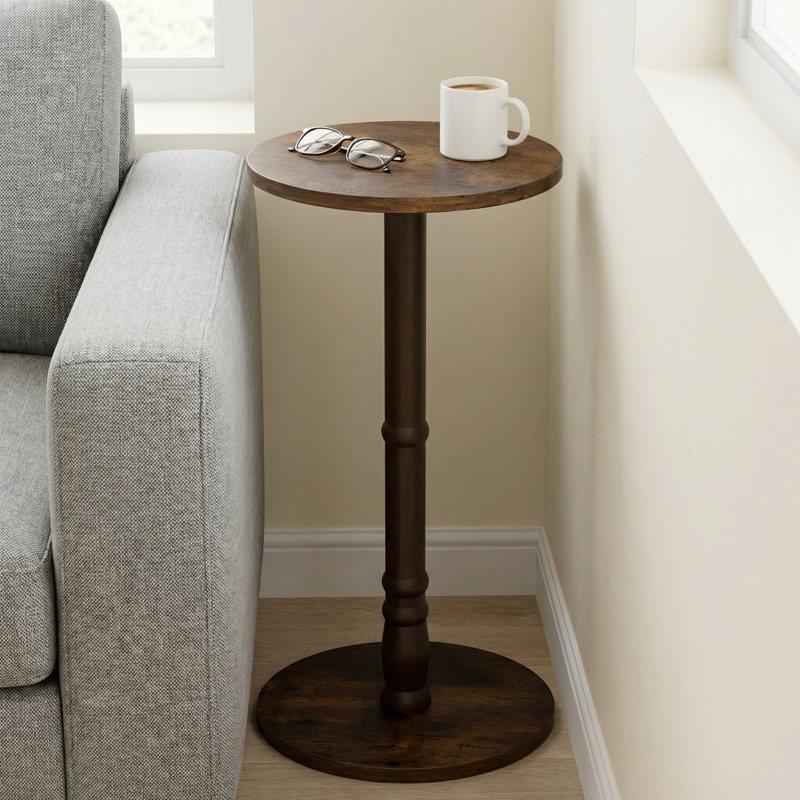 Table d'appoint ronde en bois massif, petite table d'appoint avec base pilier, brun rustique, facile à assembler, pour le salon, la chambre à coucher, le canapé et le bureau