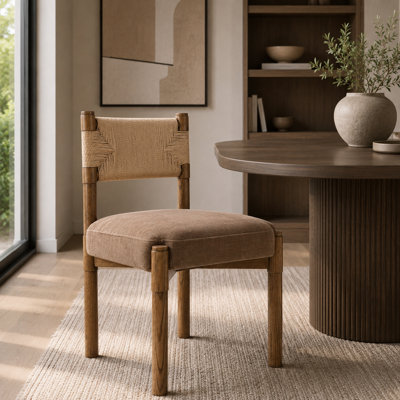 Upholstered Dining Seat with Hand-Woven Paper Rope Backrest and Solid Oak Frame