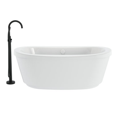 INIZIO 6636 Freestanding Heated Soak Bath White/White With NW50817 Round Tub Filler Matte Black