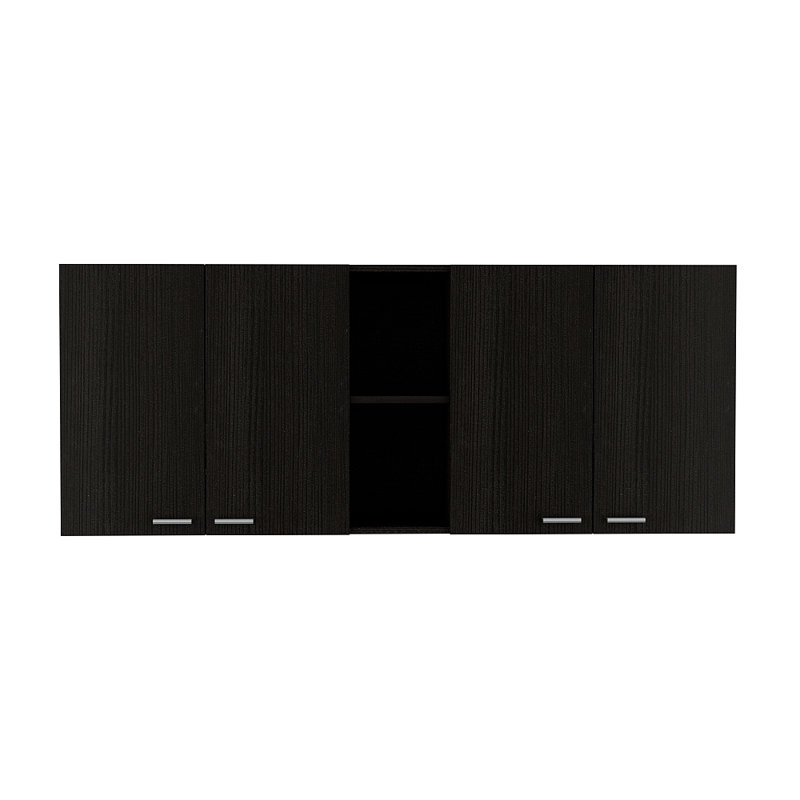 Armoire murale H 24 po, quatre portes, deux tablettes de rangement ouvertes, deux tablettes internes, porte-assiettes et rangement en verre
