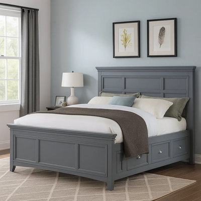 Lile King Bed With Crown Moulding, Storage Drawers, Gray Solid Wood