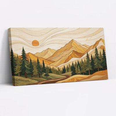 Toile murale à effet bois, paysage de montagne avec soleil orange