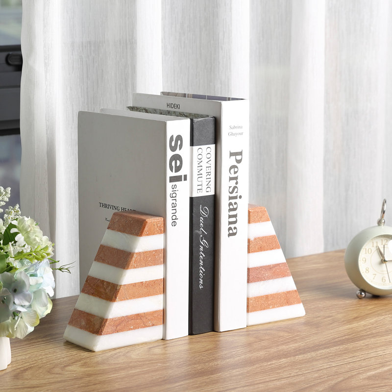Serre-livres en marbre naturel (lot de 2), porte-livres en pierre à rayures géométriques