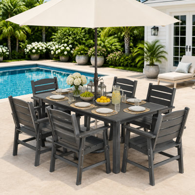 All Weather Outdoor Table And Chairs 7 Pieces Patio Dining Sets Outside Furniture With Umbrella Hole& Aluminum Frame HIPS Modern Patio Dining Set For 6 Person For Outside Backyard/Porch/Deck, 1-Tables 6-Chairs