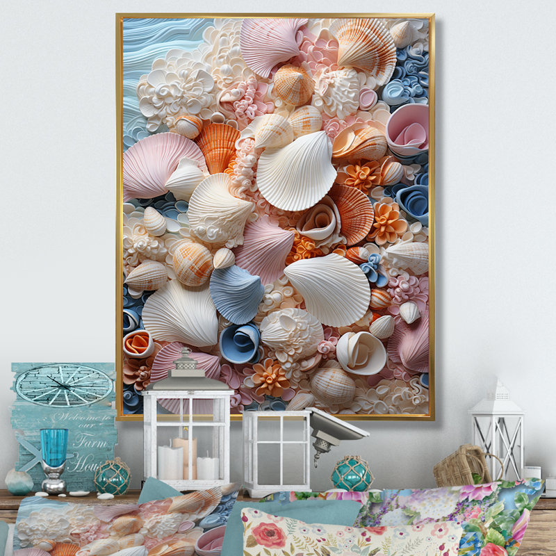 Coquillage blanc sérénité pastorale - animaux, impressions d'art mural, H 40 po x l 30 po x P 1,5 po, Cadre flottant doré